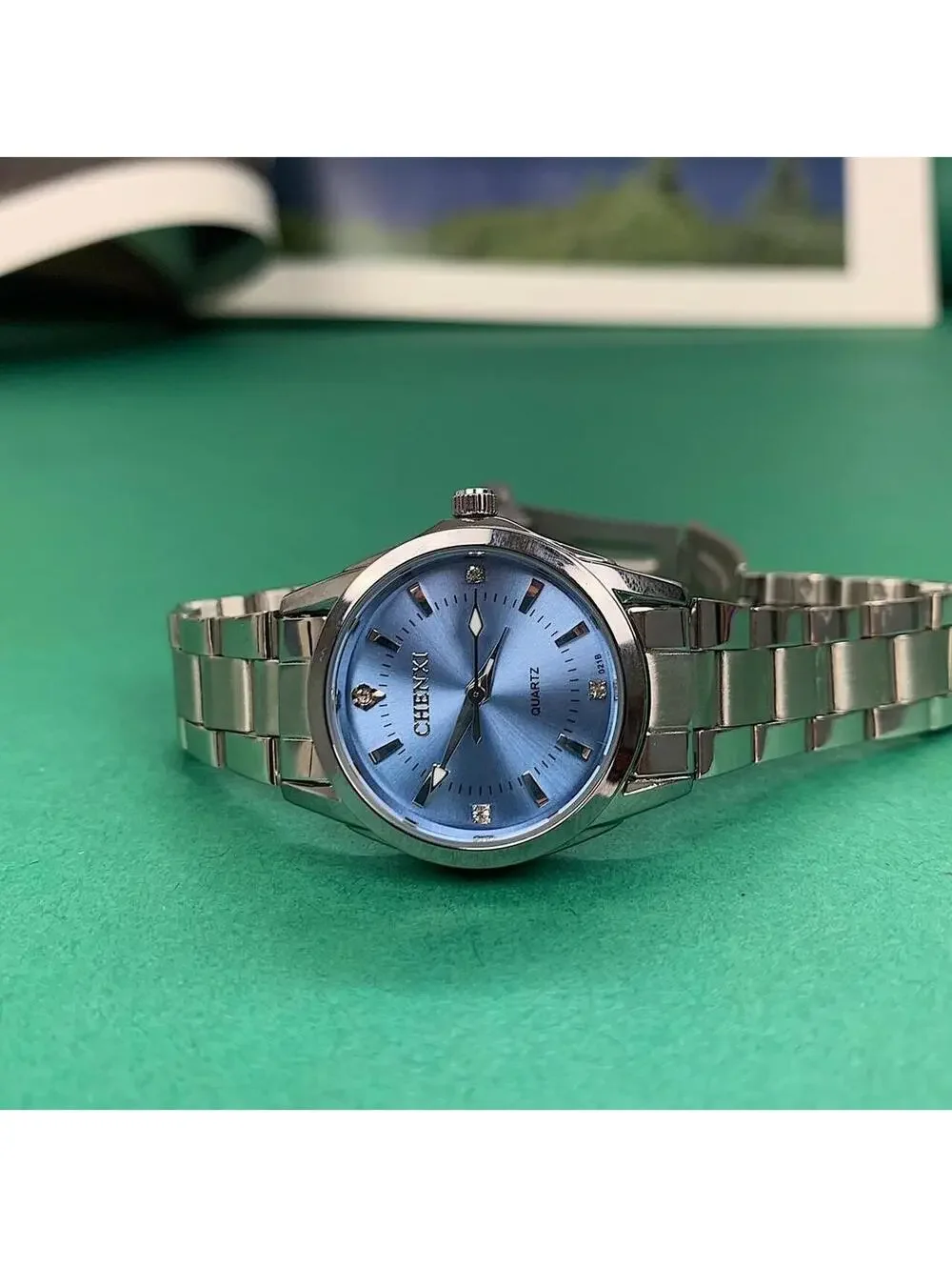 Silver Classy Quartz Round Light Blue Stainless Steel Watch. Stainless steel